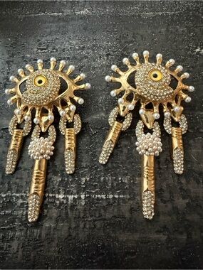 Gold Crystal & Pearl Eye Drop Earrings - Statement Women Jewelry